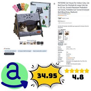 PETZONE Indoor Cat Cave Bed Tunnel Felt Scratch Resistant Blue Grey Medium